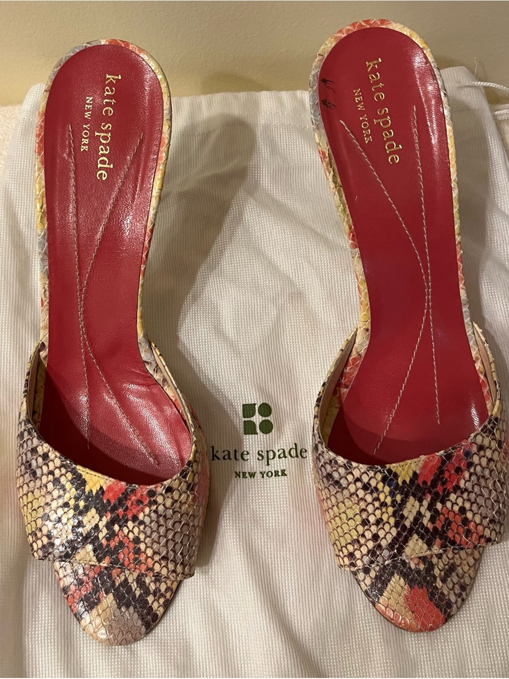 kate spade Multicolor Snakeskin Pointed Slip-On Mules with Red Insole